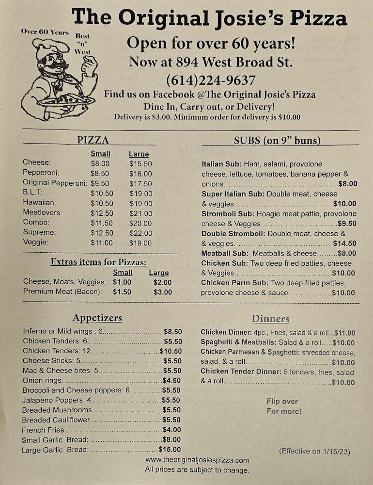 The Original Josie's Pizza Menu image 1