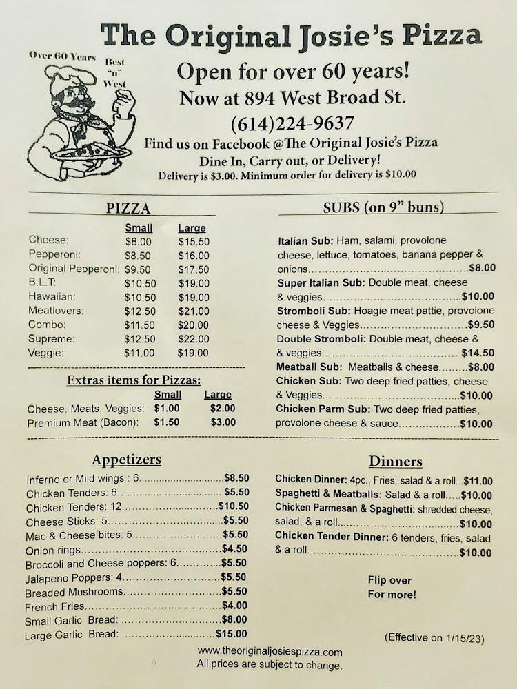 The Original Josie's Pizza Menu image 2